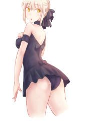 Rule 34 | 1girl, artoria pendragon (all), artoria pendragon (alter swimsuit rider) (first ascension) (fate), artoria pendragon (fate), ass, bare shoulders, blonde hair, braid, choker, cowboy shot, cropped legs, dress, fate (series), french braid, from behind, from below, kuma (a470474962), looking at viewer, looking back, panties, pantyshot, saber (fate), saber alter, short dress, short hair, sidelocks, simple background, sketch, solo, standing, surprised, swimsuit, underwear, white background, yellow eyes