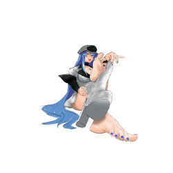 Rule 34 | 1girl, absurdres, akame ga kill!, barefoot, blue eyes, blue hair, blue nails, blush, boots, unworn boots, esdeath, feet, foot focus, highres, jacket, long hair, looking at viewer, nail polish, open mouth, sitting, smile, soles, solo, tattoo, toenail polish, toenails, toes, wanderwander, white background, white footwear, white headwear, white jacket