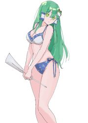 Rule 34 | 1girl, adapted costume, bikini, blue bikini, breasts, cleavage, closed mouth, commentary, feet out of frame, frog hair ornament, gohei, green eyes, green hair, hair ornament, hair tubes, highres, holding, kochiya sanae, large breasts, long hair, looking at viewer, medium breasts, one-hour drawing challenge, sidelocks, simple background, solo, swimsuit, tohoyuukarin, touhou, white background, white bikini