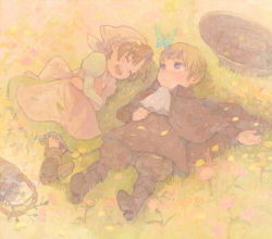 Rule 34 | 2boys, ahoge, apron, axis powers hetalia, bad id, bad pixiv id, basket, blonde hair, blue eyes, boots, brown hair, bug, butterfly, chibitalia (hetalia), cloak, ascot, crossdressing, dress, closed eyes, grass, happy, hat, head scarf, holy roman empire (hetalia), bug, laughing, lying, male focus, multiple boys, northern italy (hetalia), on back, on side, open mouth, outstretched arm, pon (cielo), skirt