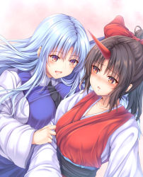 Rule 34 | 2girls, :o, black hair, black sash, blue dress, blue hair, blush, breast press, breasts, collarbone, dress, hair ribbon, highly responsive to prayers, highres, holding own arm, horns, japanese clothes, konngara (touhou), large breasts, long hair, long sleeves, looking at another, medium breasts, multiple girls, open mouth, ponytail, red eyes, red ribbon, ribbon, sariel (touhou), sash, single horn, smile, touhou, touhou (pc-98), white sleeves, wide sleeves, yanagi no ki