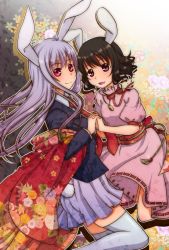 Rule 34 | 2girls, amagumo, animal ears, black hair, black jacket, blazer, blush, carrot necklace, closed mouth, collared shirt, commentary request, dress, feet out of frame, floppy ears, floral print, holding hands, inaba tewi, jacket, jewelry, light purple hair, long hair, long sleeves, looking at viewer, multiple girls, necklace, necktie, obi, pink dress, pink skirt, pleated skirt, puffy short sleeves, puffy sleeves, rabbit ears, rabbit girl, rabbit tail, red eyes, red necktie, red sash, reisen udongein inaba, ribbon-trimmed dress, sash, shirt, short hair, short sleeves, skirt, smile, split mouth, tail, thighhighs, touhou, wavy hair, white legwear, white shirt