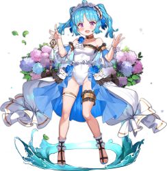 Rule 34 | 1girl, :d, ahoge, ankle cuffs, ark order, artist request, bare shoulders, blue bow, blue flower, blue hair, blush, bow, bracelet, breasts, bridal garter, choker, clotho (ark order), detached sleeves, flower, hair bow, holding, hydrangea, jewelry, leaf, leotard, maid headdress, medium hair, official art, open mouth, pink eyes, sandals, short sleeves, sidelocks, skirt, small breasts, smile, solo, spool, tachi-e, thighlet, thread, transparent background, twintails, water, white leotard, white skirt