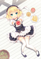 Rule 34 | 1girl, animal ears, apron, aqua eyes, black footwear, black skirt, blonde hair, blouse, blunt bangs, blush, chitosezaka suzu, commentary request, cookie, cup, drinking glass, fleur de lapin uniform, food, frilled shirt, frills, from above, glass, gochuumon wa usagi desu ka?, hairband, holding, kirima syaro, looking at viewer, lying, on back, open mouth, outstretched arms, plate, puffy short sleeves, puffy sleeves, rabbit ears, shirt, shoes, short hair, short sleeves, skirt, smile, solo, sweets, thighhighs, waitress, white shirt, white thighhighs, wrist cuffs