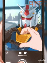 Rule 34 | 1other, cellphone photo, forced perspective, gundam, heart, heart hands, heart hands duo, highres, holding, holding phone, mecha, mobile suit, mobile suit gundam, phone, pov, robot, rx-78-2, rx-78f00, science fiction, signature, twitter username, yatta kita