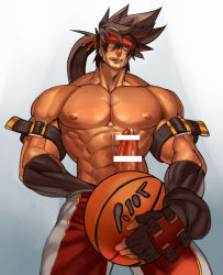 Rule 34 | 1boy, bara, basketball, brown hair, censored, drooling, erection, gairen, guilty gear, headband, male focus, muscular, pectorals, penis, saliva, topless male, sol badguy, solo