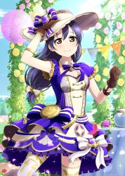Rule 34 | 1girl, arm up, armpit peek, blue hair, blue sky, blush, brown gloves, closed mouth, commentary request, cowboy shot, day, detached collar, flower, gloves, hair between eyes, hand on headwear, happy birthday, hat, highres, long hair, looking at viewer, love live!, love live! school idol festival, love live! school idol project, low ponytail, outdoors, ponytail, ribbon, short sleeves, sky, smile, solo, sonoda umi, standing, table, teapot, thighhighs, yellow eyes