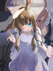 :d absurdres amiya_(arknights) animal_ears arknights blue_eyes brown_hair commentary_request dress highres holding_hands long_hair looking_at_viewer one_eye_closed open_mouth rabbit_ears rabbit_girl sidelocks smile solo_focus uutan_(shibainu_kakumei) white_dress