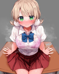 Rule 34 | 1girl, arm support, blue bow, blue bowtie, blush, bow, bowtie, bra, bra visible through clothes, breasts, buttons, closed mouth, collared shirt, commentary request, cowlick, desk, festa11307070, green eyes, grey background, hair ornament, indie virtual youtuber, large breasts, light brown hair, looking at viewer, low twintails, miniskirt, nail polish, on desk, paid reward available, pink bra, pink nails, pleated skirt, pom pom (clothes), pom pom hair ornament, red skirt, school desk, school uniform, see-through, shigure ui (vtuber) (2nd costume), shigure ui (vtuber), shigure ui (vtuber) (2nd costume), shirt, short hair, short twintails, signature, sitting, on desk, skirt, smile, solo, steaming body, sweat, twintails, underwear, virtual youtuber, wet, wet clothes, wet shirt, white shirt