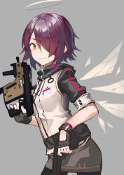 Rule 34 | 1girl, absurdres, arknights, black gloves, black pantyhose, closed mouth, clothes writing, cowboy shot, detached wings, dual wielding, energy wings, exusiai (arknights), fingerless gloves, gloves, grey background, grey skirt, gun, halo, highres, holding, holding gun, holding weapon, jacket, looking at viewer, miniskirt, orange eyes, pantyhose, purple hair, short hair, short sleeves, simple background, skirt, smile, solo, weapon, white jacket, wings, zuiqiang zayu