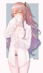 Rule 34 | 1girl, blouse, blush, breasts, brown hair, character name, collared shirt, commentary request, covering own mouth, cowboy shot, diestren, girls&#039; frontline, hair between eyes, hair ornament, hand to own mouth, long hair, looking at viewer, navel, no bra, one side up, open clothes, open shirt, oversized clothes, panties, scar, scar across eye, scar on face, shirt, sleeves past fingers, sleeves past wrists, small breasts, solo, ump45 (girls&#039; frontline), underwear, white shirt, yellow eyes