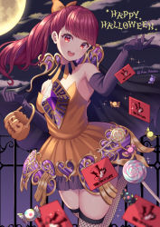 Rule 34 | 1girl, alternate costume, artist name, bare shoulders, black gloves, bow, breasts, candy, commentary request, dress, elbow gloves, fishnet thighhighs, fishnets, food, gloves, hair bow, happy halloween, highres, jack-o&#039;-lantern, long hair, looking at viewer, medium breasts, nabekokoa, night, orange bow, orange dress, outdoors, persona, persona 5, persona 5 the royal, ponytail, pumpkin, red eyes, red hair, smile, solo, thighhighs, yoshizawa kasumi