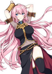 Rule 34 | 1girl, akiyoshi (tama-pete), armpits, arms behind head, arms up, belt, black skirt, black thighhighs, blue eyes, breasts, brown hairband, closed mouth, detached sleeves, dot nose, eyelashes, eyes visible through hair, feet out of frame, floating hair, from above, hair between eyes, hairband, happy, huge breasts, jewelry, leg up, long hair, long skirt, looking at viewer, looking up, lying, megurine luka, midriff, navel, on back, pink hair, see-through, shiny clothes, shiny legwear, shiny skin, side slit, simple background, skirt, smile, solo, tank top, thighhighs, thighs, very long hair, vocaloid, white background
