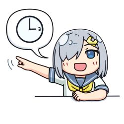 Rule 34 | 1girl, blue eyes, clock, commentary request, grey hair, grey sailor collar, hair ornament, hair over one eye, hairclip, hama! (3toshinhmkz), hamakaze (kancolle), kantai collection, neckerchief, no nose, open mouth, pointing, pointing to the side, sailor collar, school uniform, serafuku, short hair, simple background, smile, solo, speech bubble, upper body, white background, yellow neckerchief
