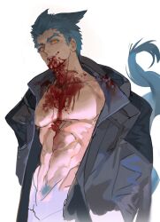 1boy abs animal_ears black_coat blood blood_on_body blood_on_face blue_hair blue_octopus12 blue_pubic_hair blue_tail coat collarbone collared_coat colored_pubic_hair commentary cowboy_shot forked_eyebrows groin hashtag-only_commentary highres long_sleeves looking_to_the_side male_focus male_pubic_hair navel open_clothes open_coat open_mouth orange_eyes pectorals pubic_hair shiki_(novel) short_hair sideways_glance simple_background solo tail tatsumi_(shiki) teeth white_background