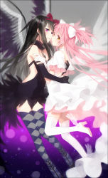 Rule 34 | 2girls, akemi homura, akuma homura, argyle, argyle clothes, argyle legwear, backless dress, backless outfit, bad id, bad pixiv id, black dress, black gloves, black hair, black wings, boots, bow, detached collar, dress, elbow gloves, face-to-face, feathered wings, female focus, from side, gloves, hair bow, hair ribbon, hakusai (tiahszld), high heel boots, high heels, highres, imminent kiss, kaname madoka, long hair, looking at viewer, mahou shoujo madoka magica, mahou shoujo madoka magica: hangyaku no monogatari, multiple girls, pink hair, purple eyes, ribbon, shoes, spoilers, standing, standing on one leg, strapless, strapless dress, thigh boots, thighhighs, two side up, ultimate madoka, white bow, white dress, white gloves, white wings, winged footwear, wings, yellow eyes, yuri