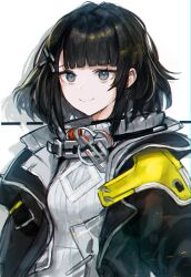 Rule 34 | 1girl, absurdres, adamosina, arknights, arknights: endfield, black eyes, black hair, black jacket, commentary, endministrator (arknights), english commentary, female endministrator (arknights), hair ornament, highres, jacket, long hair, looking at viewer, open clothes, open jacket, short hair, simple background, smile, solo, sweater, upper body, white background, white sweater