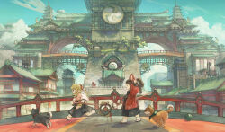 Rule 34 | 2girls, animal ear headwear, animal ears, architecture, arm up, black hair, black hakama, black scarf, blonde hair, blue sky, blunt bangs, braid, braided ponytail, bridge, building, cityscape, closed eyes, cloud, day, drill hair, drill sidelocks, east asian architecture, fake animal ears, final fantasy, final fantasy xiv, food, from side, fruit, gate, hair ribbon, hakama, hakama skirt, highres, holding, holding staff, japanese clothes, kimono, lalafell, looking ahead, medium hair, mitsudomoe (shape), moonlouts, multiple girls, open mouth, outdoors, outstretched arm, pink kimono, pointy ears, ponytail, profile, ribbon, running, scarf, scenery, seigaiha, shiba inu, sidelocks, skirt, sky, smile, socks, staff, tomoe (symbol), tree, twin drills, warrior of light (ff14), watermelon, white socks, wide shot