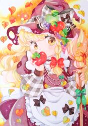 Rule 34 | 1girl, apple, apron, autumn leaves, back bow, blonde hair, bow, braid, broom, checkered bow, checkered clothes, checkered ribbon, checkered shirt, covering own mouth, cowboy shot, food, frilled apron, frills, fruit, fruit hat ornament, green bow, grey bow, grey ribbon, grey shirt, hat, hat bow, hat ribbon, head tilt, highres, holding, holding broom, holding food, holding fruit, kirisame marisa, large bow, layered sleeves, leaf, long hair, long sleeves, looking at viewer, marker (medium), naruki, puffy short sleeves, puffy sleeves, purple hat, purple skirt, purple vest, red apple, red ribbon, ribbon, shirt, short over long sleeves, short sleeves, single braid, skirt, solo, touhou, traditional media, vest, waist apron, white apron, white bow, yellow background, yellow eyes