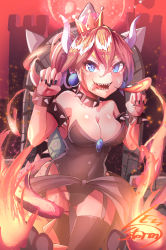 Rule 34 | 1girl, absurdres, armlet, bare shoulders, black leotard, blonde hair, blue eyes, bowsette, bracelet, breasts, cleavage, collar, crown, dress, earrings, highres, horns, jewelry, large breasts, leotard, levi storm, long hair, looking at viewer, mario (series), new super mario bros. u deluxe, nintendo, pointy ears, ponytail, sharp teeth, skirt, solo, spiked bracelet, spiked collar, spiked shell, spiked tail, spikes, strapless, strapless leotard, super crown, tail, teeth, tongue, tongue out, turtle shell
