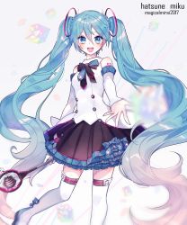Rule 34 | 1girl, 2017, :d, aqua eyes, aqua hair, boots, character name, detached sleeves, hatsune miku, highres, long hair, magical mirai miku, magical mirai miku (2017), microphone, musical note, open mouth, outstretched arm, skirt, smile, solo, thigh boots, thighhighs, twintails, very long hair, vocaloid