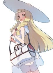 Rule 34 | 1girl, bag, blonde hair, braid, cowboy shot, creatures (company), dress, from below, game freak, green eyes, hat, highres, holding, holding bag, lillie (pokemon), long hair, looking at viewer, nintendo, pokemon, pokemon sm, see-through, shoulder bag, simple background, solo, sun hat, sundress, supernew, white background