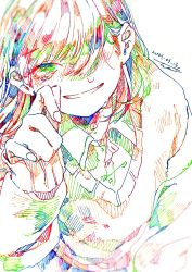 Rule 34 | 1girl, absurdres, cardigan, collared shirt, colorful, dated, green eyes, hair over one eye, hand up, hatching (texture), highres, long hair, long sleeves, original, parted lips, shirt, signature, sleeves past wrists, smile, solo, traditional media, upper body, watanabe tomari