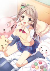 Rule 34 | 10s, 1girl, :d, bad id, bad pixiv id, bag, bed, black socks, blush, bow, bowtie, brown eyes, brown hair, food, frilled pillow, frills, from above, hair bow, interlocked fingers, kneehighs, long hair, love live!, love live! school idol project, macaron, minami kotori, on bed, one side up, open mouth, pan (mimi), pillow, plaid, plaid skirt, pleated skirt, school bag, school uniform, sitting, skirt, smile, socks, solo, stuffed animal, stuffed cat, stuffed sheep, stuffed toy, sweater vest, wariza
