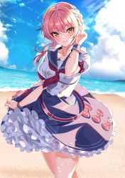 Rule 34 | 1girl, anchor, beach, blue sailor collar, blue skirt, blue sky, blush, bow, braid, breasts, brown eyes, closed mouth, cloud, cloudy sky, commentary request, commission, day, frilled skirt, frills, hair between eyes, hand up, head tilt, highres, horizon, idolmaster, idolmaster cinderella girls, jougasaki mika, medium breasts, neckerchief, ocean, outdoors, pink hair, puffy short sleeves, puffy sleeves, red bow, red neckerchief, sailor collar, sand, school uniform, serafuku, shirt, short sleeves, skeb commission, skirt, sky, smile, solo, sutoroa, water, white shirt