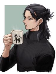 Rule 34 | 1boy, bags under eyes, black hair, black sweater, boku no hero academia, border, closed mouth, cropped torso, cup, eraser head (boku no hero academia), facial hair, goatee, highres, holding, holding cup, long sleeves, looking at viewer, male focus, mug, mustache stubble, ribbed sweater, rnuyvm, solo, sparse stubble, stubble, sweater, white border