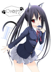 Rule 34 | animal ears, black hair, cat ears, cat tail, k-on!, long hair, nakano azusa, red eyes, school uniform, solo, tail, tomosuke, translation request, twintails