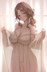 Rule 34 | 1girl, absurdres, backlighting, blush, breasts, brown hair, chemise, cleavage, collarbone, commentary request, covered navel, fingernails, gawawawa, highres, ichikawa hinana, idolmaster, idolmaster shiny colors, indoors, large breasts, looking at viewer, panties, ponytail, robe, see-through, see-through chemise, sidelocks, smile, solo, strap slip, thigh gap, underwear, white chemise, white panties, white robe