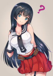 Rule 34 | 1girl, ?, agano (kancolle), anchor symbol, arm behind back, bad id, bad pixiv id, belt, black belt, black hair, black necktie, black sailor collar, blue eyes, blush, breasts, cleavage, collarbone, cowboy shot, furrowed brow, garter straps, gloves, grey background, hair between eyes, hand on own chest, hand up, head tilt, highres, kantai collection, large breasts, leaning forward, long hair, looking at viewer, medium skirt, midriff, miniskirt, mouth hold, navel, necktie, oonaka ito, pleated skirt, red skirt, sailor collar, sidelocks, simple background, skirt, sleeveless, smile, solo, standing, straight hair, very long hair, white gloves