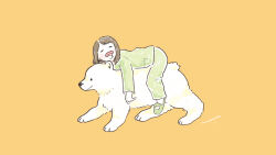Rule 34 | 1girl, animal focus, bear, blush stickers, brown hair, closed eyes, drooling, facing viewer, full body, green footwear, long sleeves, lying, medium hair, on stomach, open mouth, original, pajamas, polar bear, riding, riding animal, signature, simple background, sleeping, slippers, solo, terao (omelettera), yellow background