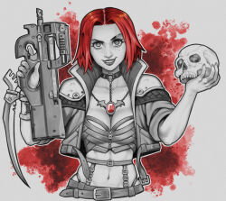Rule 34 | 1girl, belt buckle, blade, blood, bloodrayne, bloodrayne (videogame), breasts, buckle, bullpup, cleavage, commentary, commission, dhampir, effy neprin, english commentary, gun, hair ornament, half-human, holding, holding gun, holding weapon, jewelry, looking at viewer, medium breasts, navel, necklace, p90, personal defense weapon, red hair, short hair, signature, skull, solo, strap, submachine gun, undead, upper body, vampire, weapon