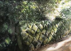 Rule 34 | fern, highres, moss, no humans, original, painting (medium), plant, sunlight, tlctm7h8wdwnthx, traditional media, tree, vines, wall, water pipe, watercolor (medium)