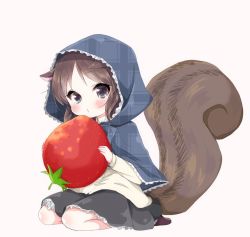 Rule 34 | 1girl, animal ears, black eyes, black skirt, blue capelet, brown hair, capelet, commentary request, food, frilled skirt, frills, fruit, full body, holding, holding food, holding fruit, hood, hood up, hooded capelet, idolmaster, idolmaster cinderella girls, large tail, long sleeves, looking at viewer, oversized object, plaid capelet, pleated skirt, pout, purple footwear, seiza, shirt, shoes, simple background, sitting, skirt, solo, squirrel ears, squirrel tail, strawberry, tachibana arisu, tail, tears, unmoving pattern, white background, white shirt, yumeno (rubbercup)