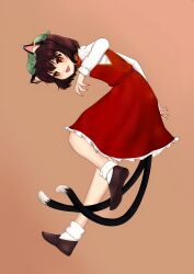 Rule 34 | 1girl, animal ear fluff, animal ears, bent over, brown background, brown eyes, brown hair, cat ears, cat tail, chen, claws, dress, earrings, fang, fingernails, highres, jewelry, long sleeves, looking at viewer, looking back, multiple tails, nekomata, open mouth, qi lang3568, red dress, red nails, sharp fingernails, short hair, simple background, single earring, solo, standing, standing on one leg, tail, touhou, two tails