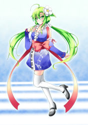 Rule 34 | 1girl, 7nanappe, beamed quavers, blush, detached sleeves, flower, green eyes, green hair, hair flower, hair ornament, japanese clothes, kimono, leg up, locadol promotion, long hair, matching hair/eyes, musical note, musical note print, nanappe, original, piano keys, quaver, smile, solo, staff (music), standing, standing on one leg, thighhighs, twintails, very long hair, white thighhighs