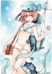 Rule 34 | 10s, 1girl, bikini, blush, breasts, groin, hat, kantai collection, mosho, navel, open mouth, red eyes, red hair, short hair, side-tie bikini bottom, small breasts, swimsuit, tentacles, white bikini, white hat, z3 max schultz (kancolle)