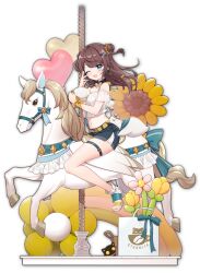 Rule 34 | 1girl, :d, artist request, balloon, blue eyes, brown hair, carousel, crop top, flower, highres, looking at viewer, mahjong soul, midriff, official art, open mouth, riding, shinomiya fuyumi, short shorts, shorts, smile, solo, sunflower, transparent background