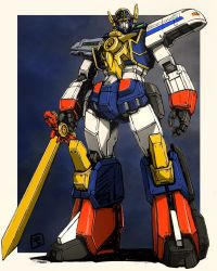 Rule 34 | highres, holding, holding sword, holding weapon, looking to the side, looking up, mecha, might gaine, moyan, no humans, open hand, procreate (medium), robot, science fiction, solo, standing, super robot, sword, weapon, yuusha series, yuusha tokkyuu might gaine