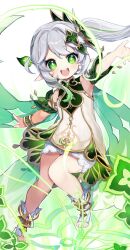 Rule 34 | 1girl, arm cuffs, bloomers, bracelet, brown dress, commentary, dress, flower, flower-shaped pupils, full body, genshin impact, gold trim, gradient background, gradient hair, green background, green eyes, green hair, grey hair, hair ornament, hand up, highres, jewelry, kekeke606, leaf hair ornament, looking at viewer, multicolored hair, nahida (genshin impact), open mouth, pointy ears, ponytail, side ponytail, smile, solo, stirrup footwear, symbol-shaped pupils, teeth, toeless footwear, tongue, underwear, upper teeth only, white bloomers, white footwear