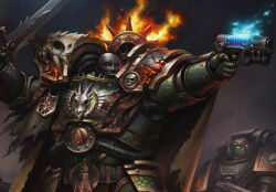 Rule 34 | 2boys, adeptus astartes, armor, bald, breastplate, buckle, colored sclera, commentary, couter, cover, cover page, damaged, dark-skinned male, dark skin, dragon skull, dual wielding, english commentary, fire, gauntlets, glowing, glowing eyes, green armor, gun, highres, holding, holding gun, holding sword, holding weapon, male focus, misha savier, multiple boys, official art, open mouth, pauldrons, power armor, primarch, red eyes, rerebrace, salamanders (warhammer), shoulder armor, skull ornament, sword, the draken scale, vulkan, warhammer 40k, weapon
