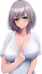 Rule 34 | 1girl, absurdres, arm at side, breasts, cleavage, closed mouth, clothes pull, collarbone, commentary request, crossed bangs, green eyes, grey hair, hair between eyes, highres, hololive, laimer, large breasts, medium hair, no bra, scoop neck, shirogane noel, shirt, shirt pull, short hair, short sleeves, simple background, smile, solo, upper body, virtual youtuber, white background, white shirt