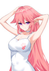 Rule 34 | 1girl, absurdres, alternate costume, animal ears, armpits, arms up, bad id, bad pixiv id, bare arms, bare shoulders, breasts, camisole, cleavage, commentary, czk, floral print, fox ears, genshin impact, hair between eyes, highres, large breasts, long hair, looking at viewer, pink hair, purple eyes, simple background, smile, solo, spaghetti strap, upper body, very long hair, yae miko