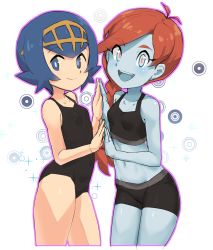 Rule 34 | 2girls, blue eyes, blue hair, blue skin, braid, breasts, colored skin, covered navel, creatures (company), crop top, cropped legs, game freak, highres, holding hands, lana (pokemon), long hair, looking at viewer, midriff, multiple girls, navel, nintendo, nyonn24, one-piece swimsuit, orange hair, pokemon, pokemon usum, short hair, shorts, simple background, small breasts, smile, swimsuit, white background, zossie (pokemon)