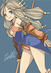 Rule 34 | 1girl, absurdres, bare shoulders, blonde hair, blue eyes, breasts, closed mouth, commentary, covered erect nipples, criss-cross halter, detached sleeves, dress, hair ornament, hair tubes, halterneck, highres, imu (lom), legend of mana, long hair, looking at viewer, medium breasts, muramasa mikado, polearm, seiken densetsu, simple background, smile, solo, weapon