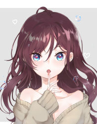 Rule 34 | 10s, 1girl, bare shoulders, blue eyes, brown hair, earrings, finger to mouth, grey background, hair between eyes, heart, heart-shaped pupils, highres, ichinose shiki, idolmaster, idolmaster cinderella girls, index finger raised, jewelry, lips, long hair, looking at viewer, mugcup, nail polish, off shoulder, open mouth, sleeves past wrists, solo, sweater, symbol-shaped pupils, upper body