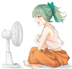 Rule 34 | 10s, 1girl, azuhira, bare arms, bare shoulders, barefoot, between legs, blue bow, blush, bow, clothes around waist, electric fan, eyebrows, from side, full body, green hair, hair bow, hand between legs, indian style, jumpsuit, kantai collection, no bra, open mouth, orange jumpsuit, orange pants, pants, ponytail, profile, signature, simple background, sitting, solo, tank top, tongue, white background, yellow eyes, yuubari (kancolle)